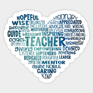 Teacher Heart Word Cloud Blue Sticker
